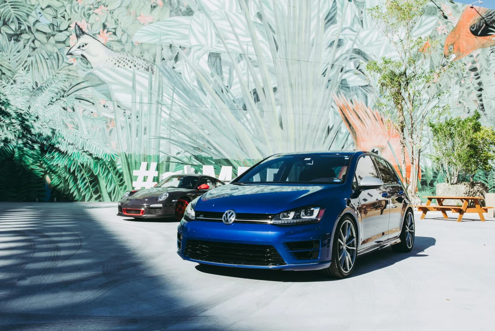 Un Volkswagen azul en primer plano, con otro auto y un mural tropical al fondo.
