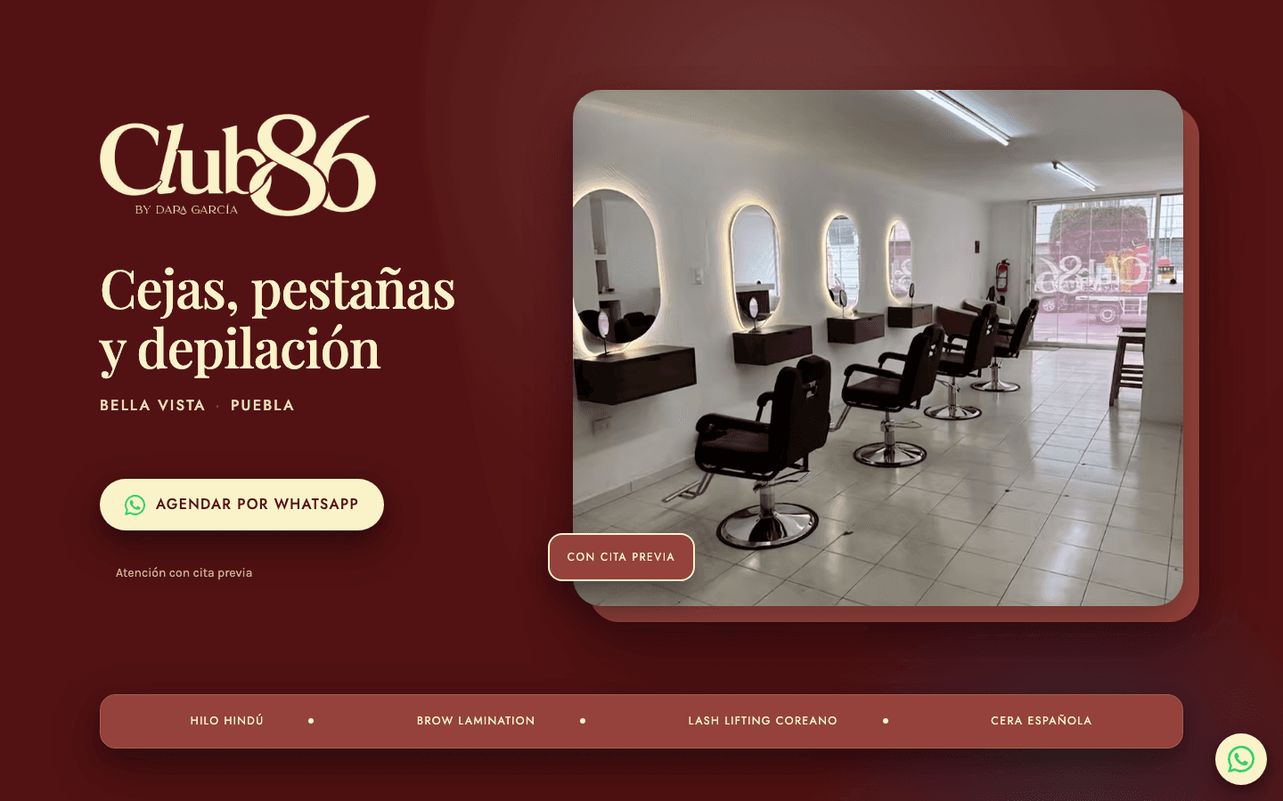 El sitio de Club 86: identidad en vino y crema, servicios y fotografía del estudio.