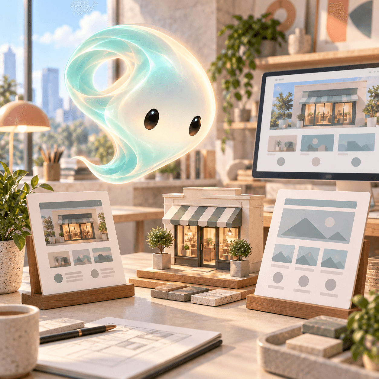 Zefi compara dos rutas para un sitio web en un estudio de diseño iluminado por el sol.